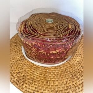 Vintage 10 yd Roll Of 4” Wide Red/Burgundy Gold Wired Rose Floral Ribbon